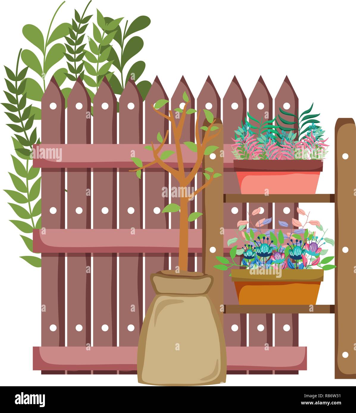 chelf garden and fence with houseplants Stock Vector Image & Art - Alamy