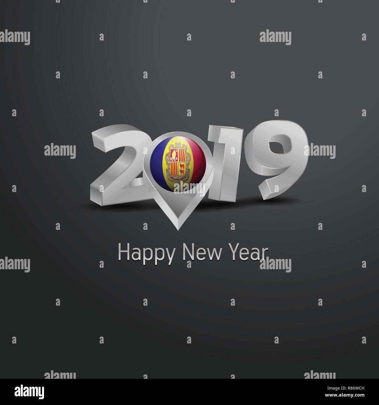 Happy New Year 2019 Grey Typography with Andorra Flag Location Pin. Country Flag  Design Stock Vector