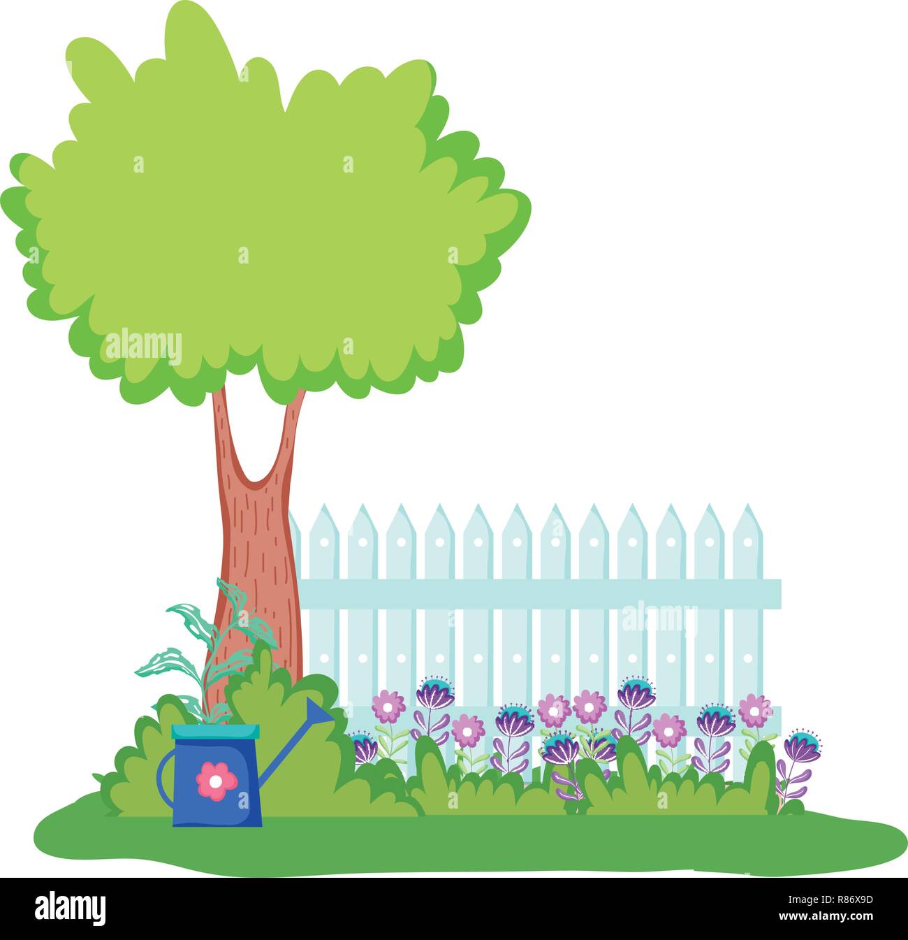 sprinkler of garden with fence in the field scene Stock Vector