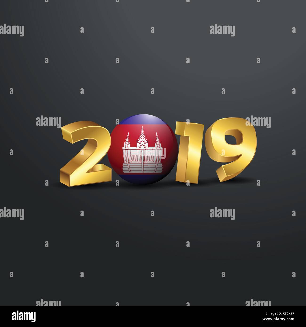 2019 Golden Typography with Cambodia Flag. Happy New Year Lettering Stock Vector