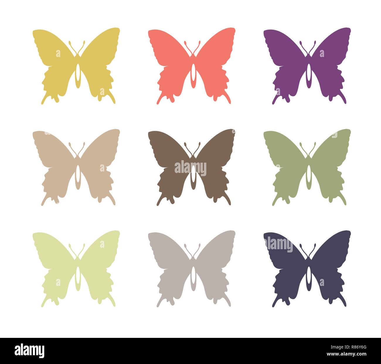 Set of flat vector objects of colored multicolor butterflies Stock Vector