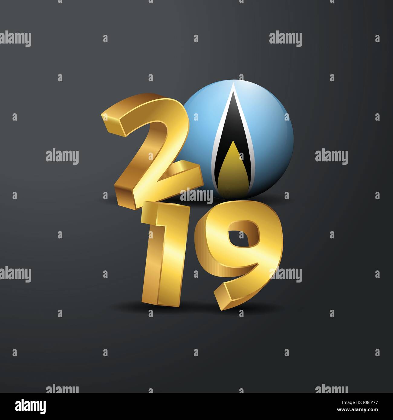 2019 Golden Typography with Saint Lucia Flag. Happy New Year Lettering Stock Vector