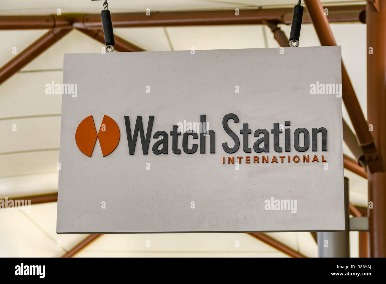 SEATTLE, WA, USA - JUNE 2018: Close up view of a sign outside the Watch Station store at the Premium Outlets shopping mall in Tulalip near Seattle. Stock Photo