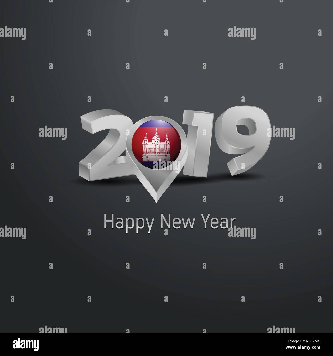 Happy New Year 2019 Grey Typography with Cambodia Flag Location Pin. Country Flag  Design Stock Vector