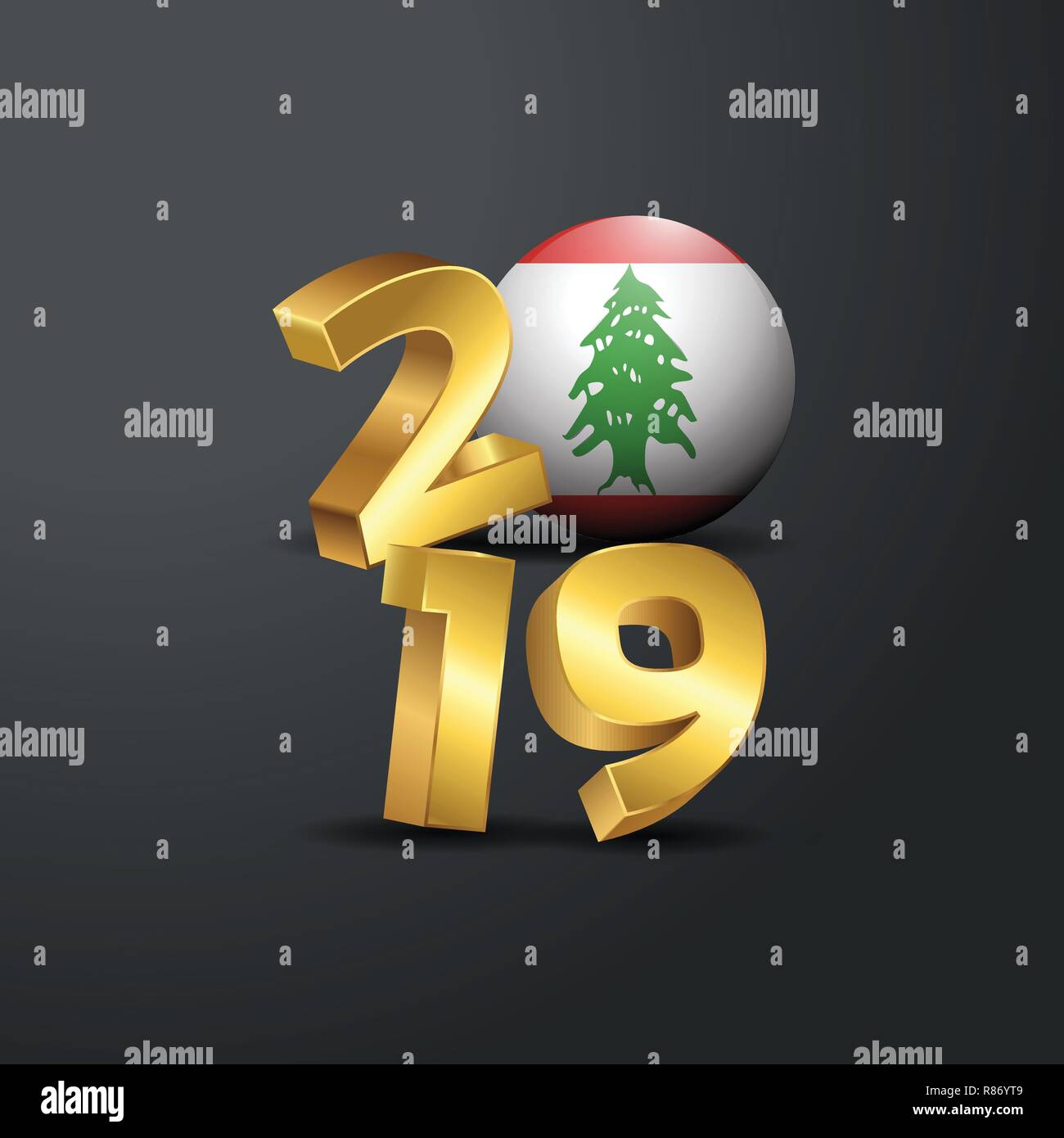 2019 Golden Typography with Lebanon Flag. Happy New Year Lettering Stock Vector