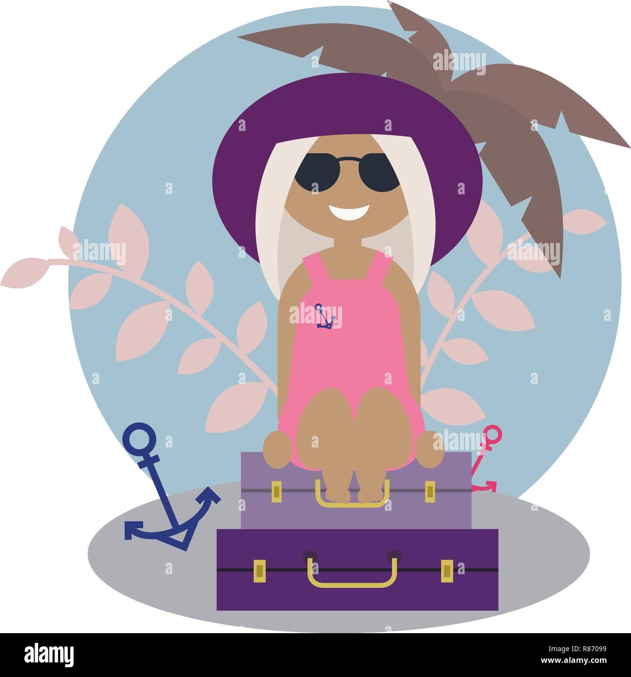 Cute tanned blond girl traveler sitting on the luggage under the palm Stock Vector
