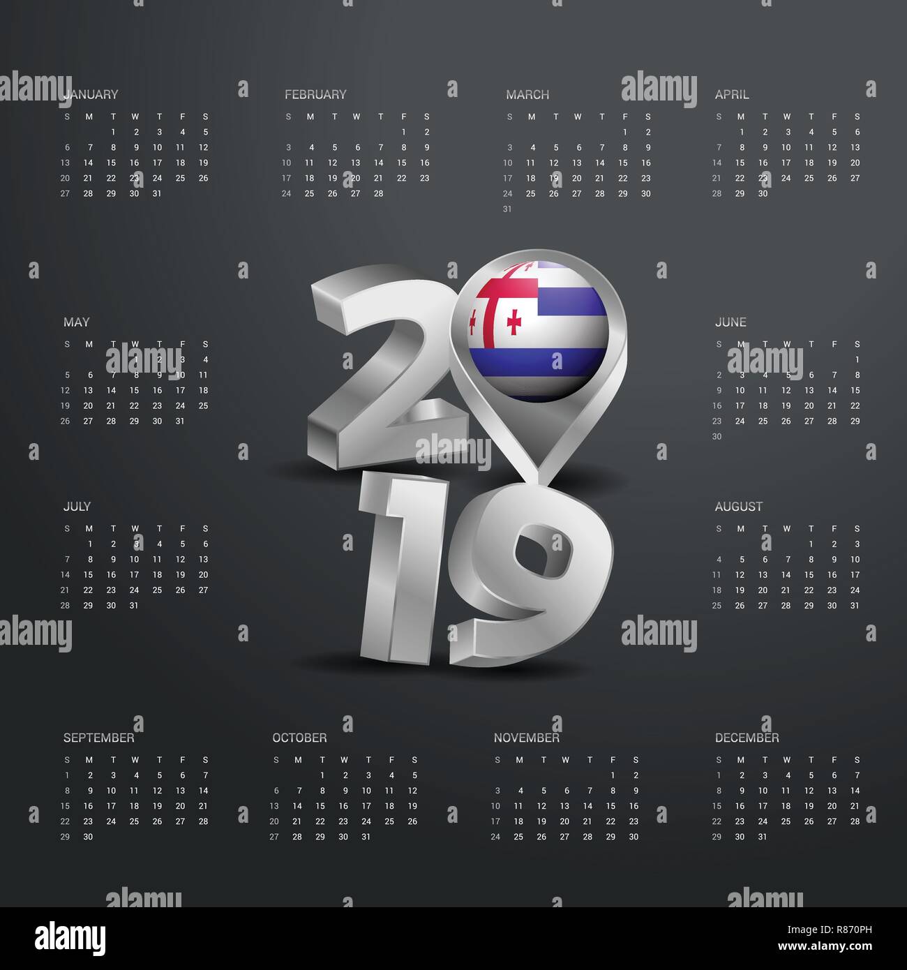 2019-calendar-template-grey-typography-with-ajaria-country-map-golden