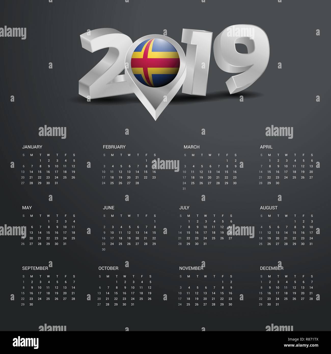 2019 Calendar Template. Grey Typography with Aland Country Map Golden Typography Header Stock Vector