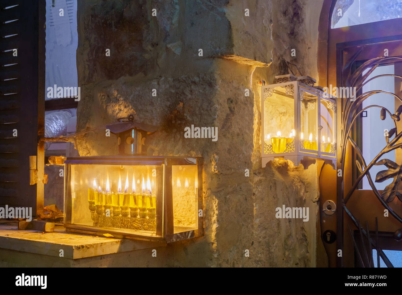 Jerusalem, Israel December 09, 2018 Traditional Menorahs (Hanukkah Lamps) with olive oil