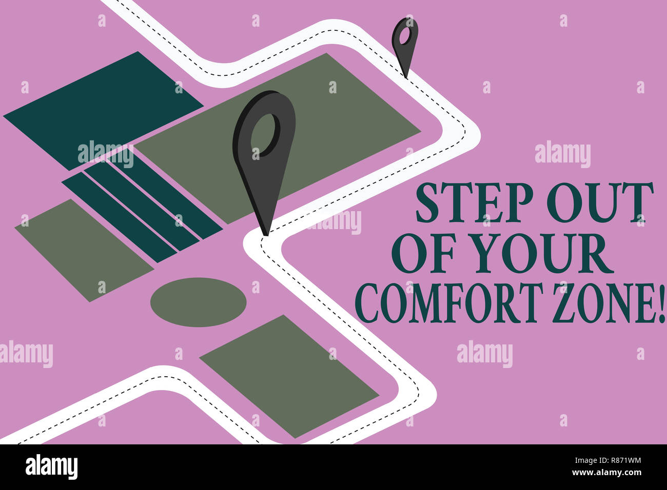 Conceptual hand writing showing Step Out Of Your Comfort Zone. Business photo showcasing Do different things leave the routine Road Map Navigation Mar Stock Photo