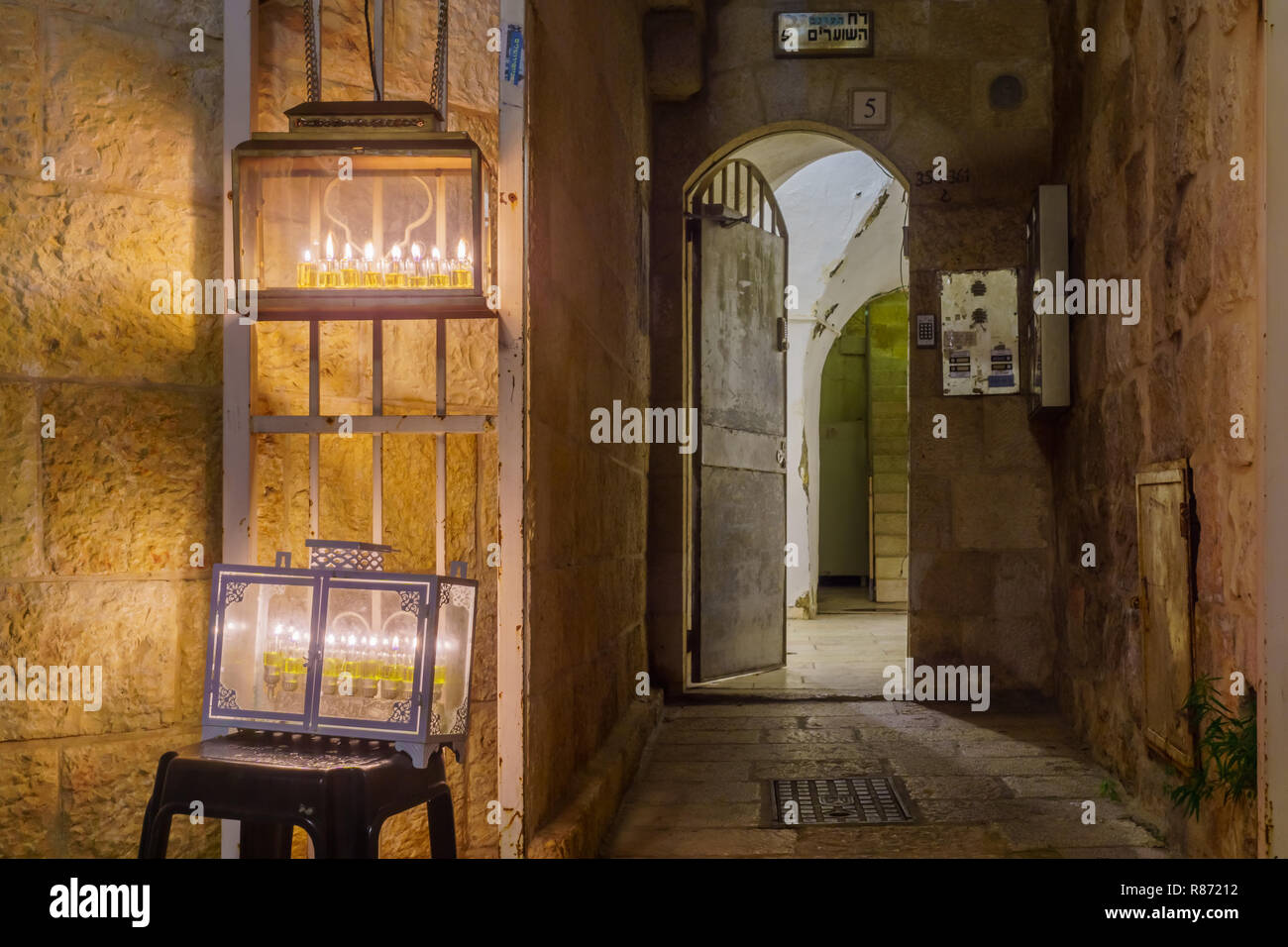 Jerusalem, Israel December 09, 2018 Traditional Menorahs (Hanukkah Lamps) with olive oil