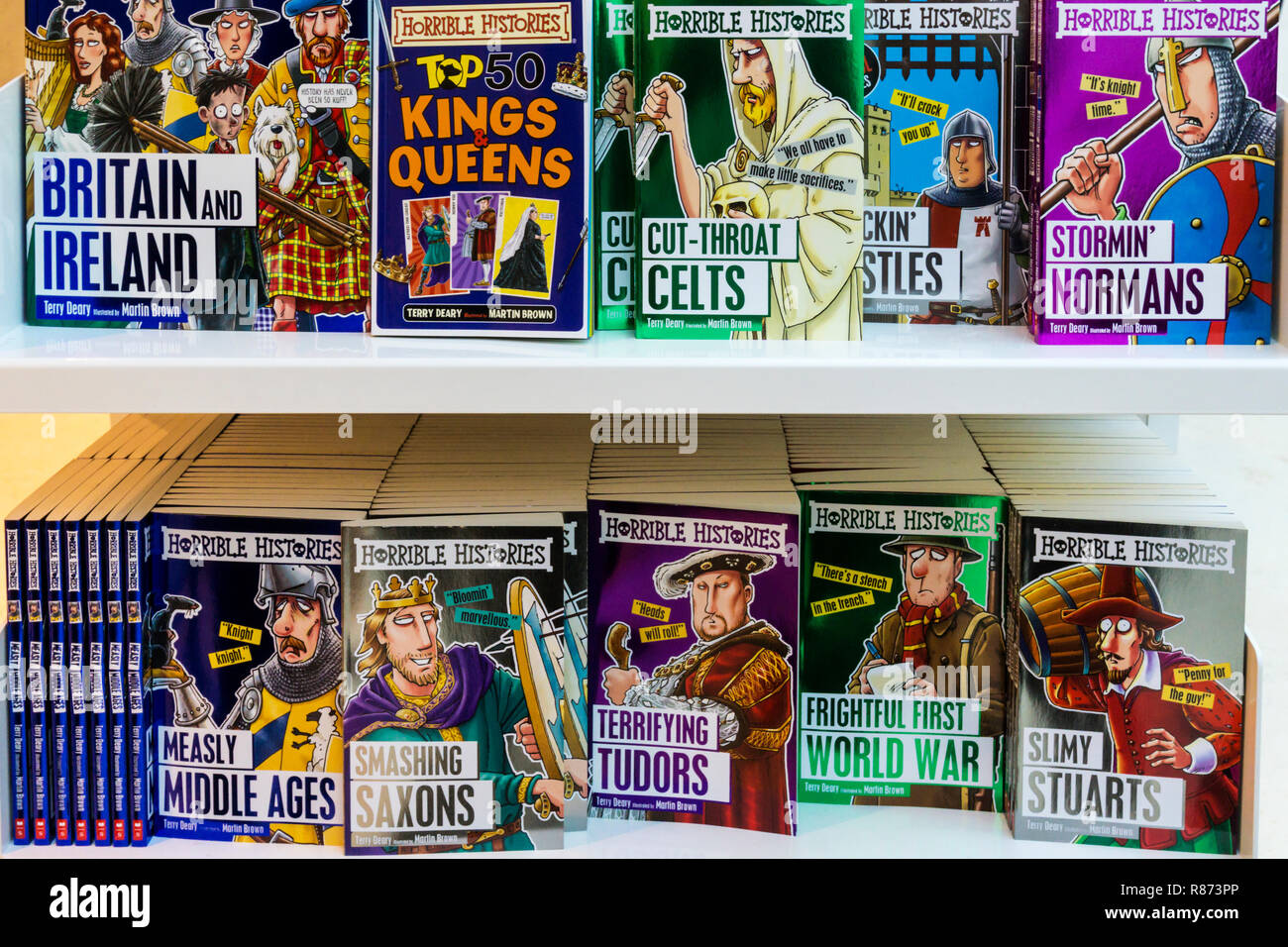 A selection of Horrible Histories books for sale, by Terry Deary & Martin Brown. Stock Photo