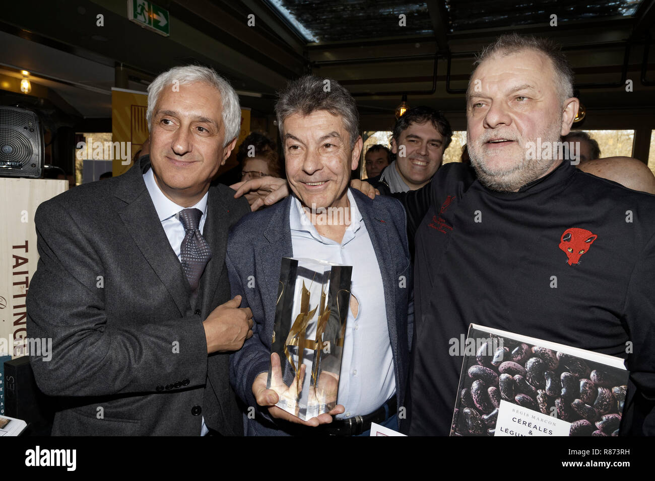 Paris, France. 12th Dec, 2018. Stéphane Layani, Régis Marcon winner of the Prix littéraire de la gastronomie Antonin Carême 2018 and Philippe Renard a Stock Photo