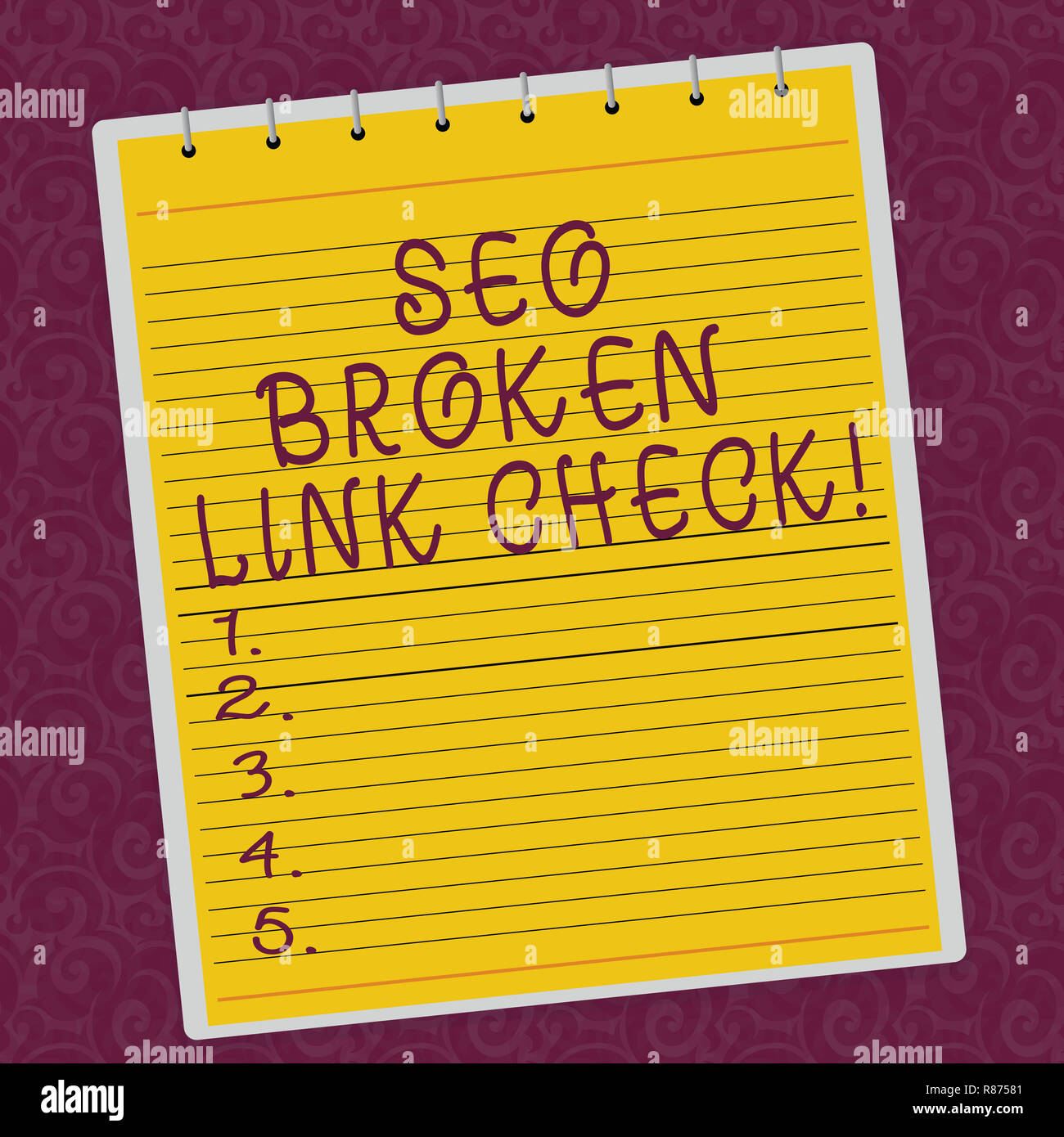 Writing note showing Seo Broken Link Check. Business photo showcasing Search engine optimization error in website links Lined Spiral Top Color Notepad Stock Photo