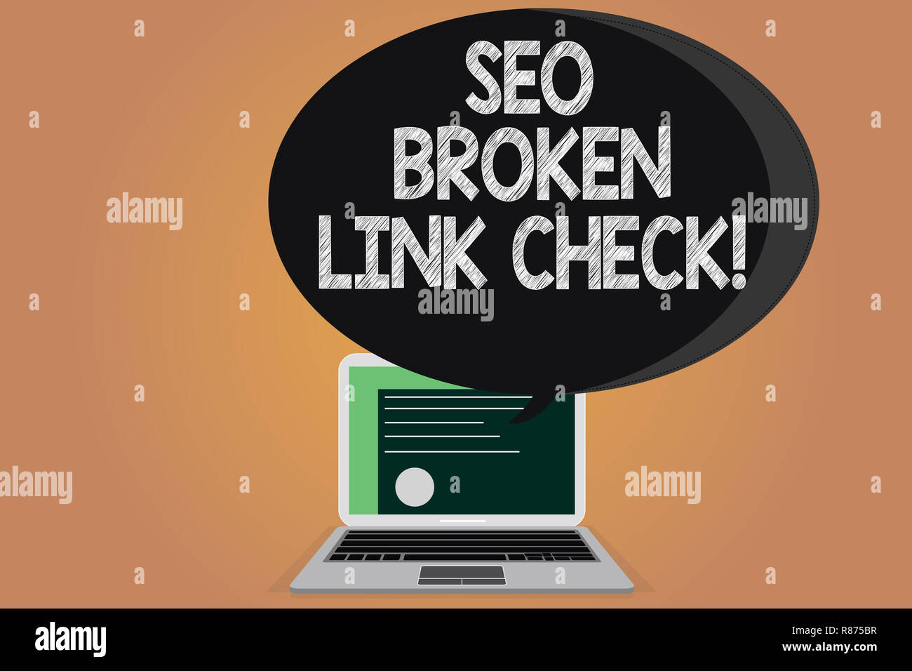 Writing note showing Seo Broken Link Check. Business photo showcasing Search engine optimization error in website links Certificate Layout on Laptop S Stock Photo