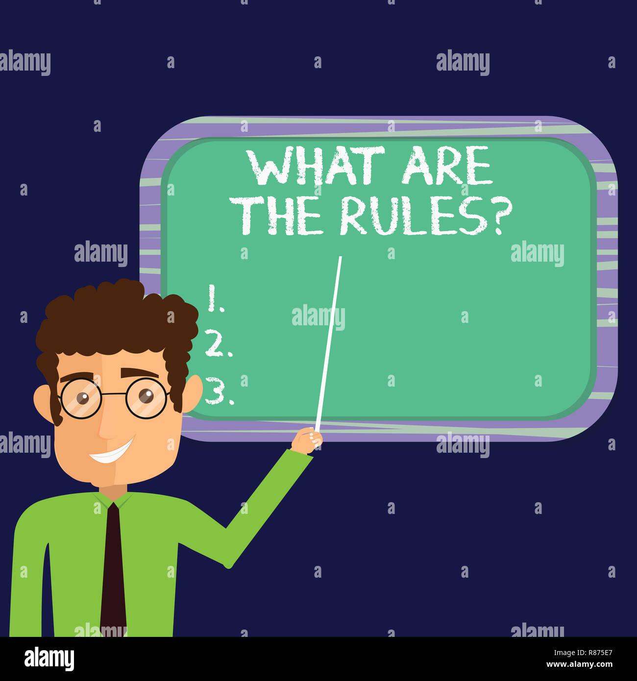 Handwriting text What Are The Rulesquestion. Concept meaning Set up the  regulations before starting anything Man Standing Holding Stick Pointing to  Wa Stock Photo - Alamy