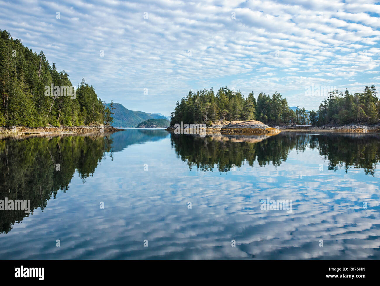Forested islands, intertidal shorelines, blue sky and herringbone clouds are reflected in the water on a calm morning in coastal British Columbia. Stock Photo