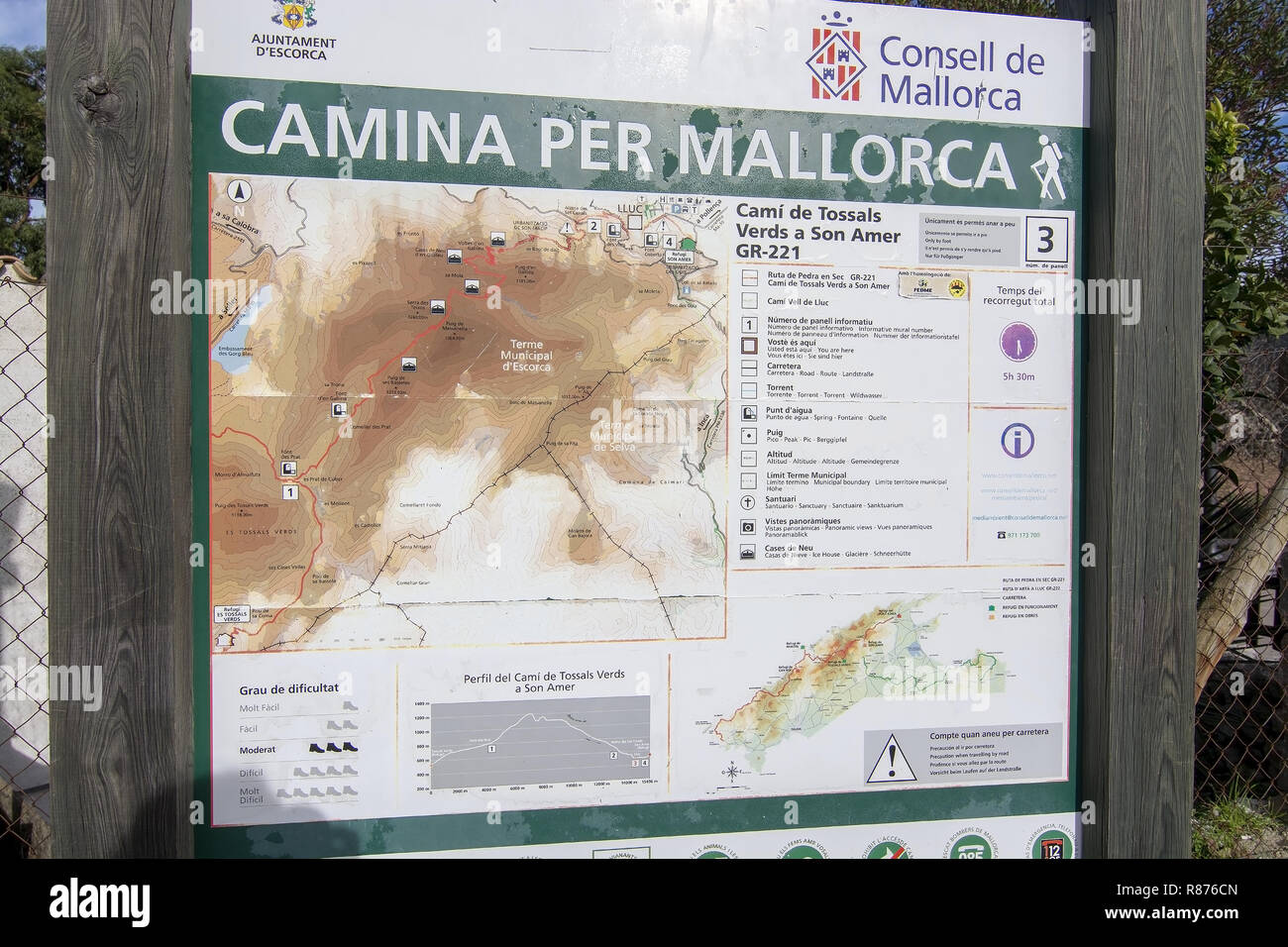 LLUC, MALLORCA, SPAIN - DECEMBER 3, 2018: Outdoor map over walking paths near Lluc on December 3, 2018 in Lluc, Mallorca, Spain. Stock Photo