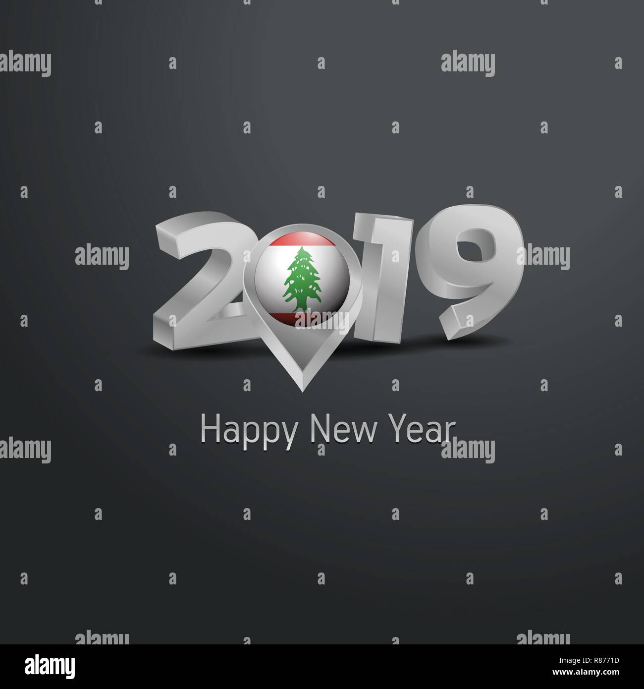 Happy New Year 2019 Grey Typography with Lebanon Flag Location Pin. Country Flag  Design Stock Vector