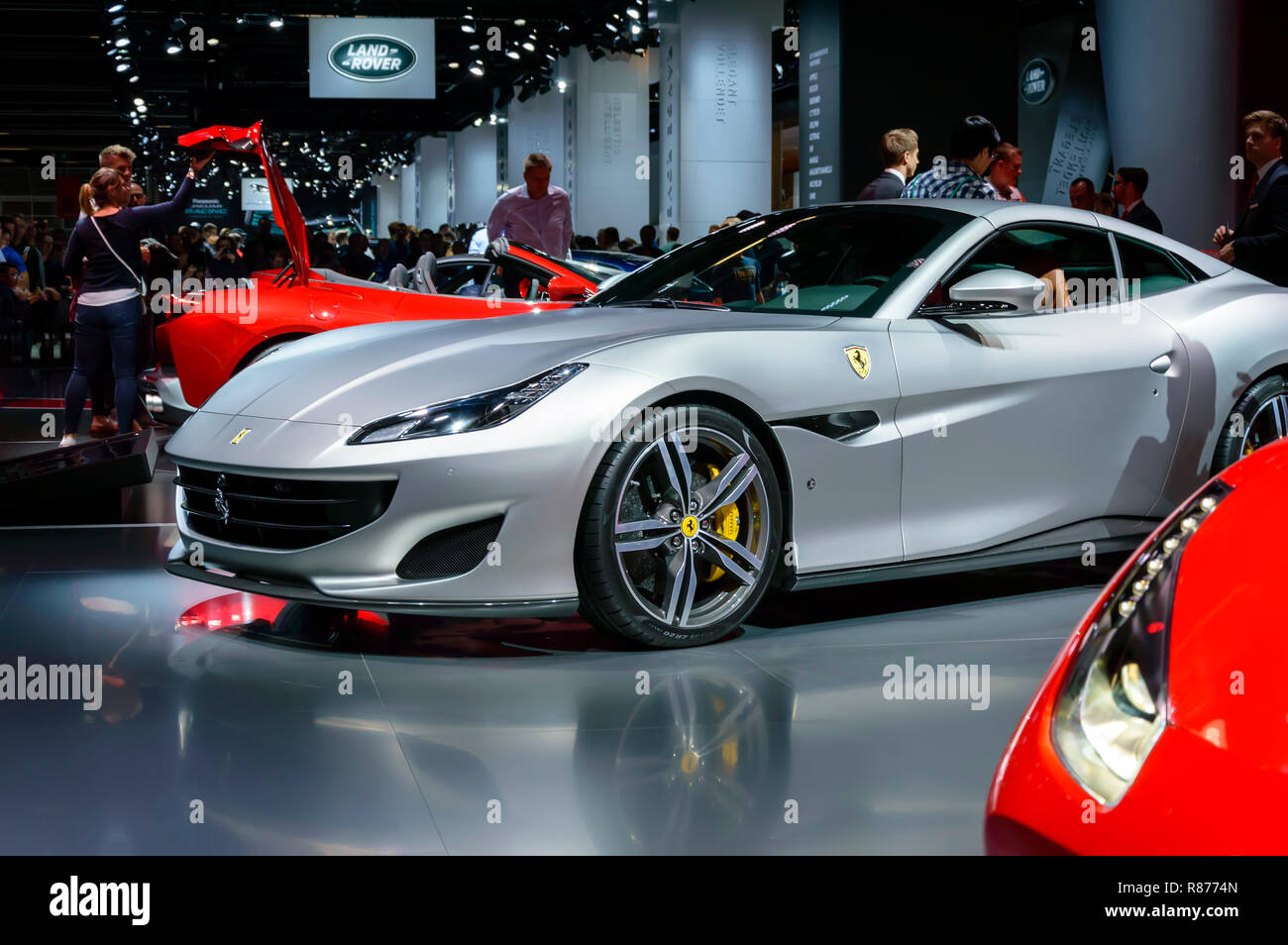 FRANKFURT - SEP 2017: silver Ferrari Portofino sports car premiere at IAA Frankfurt Motor Show Stock Photo