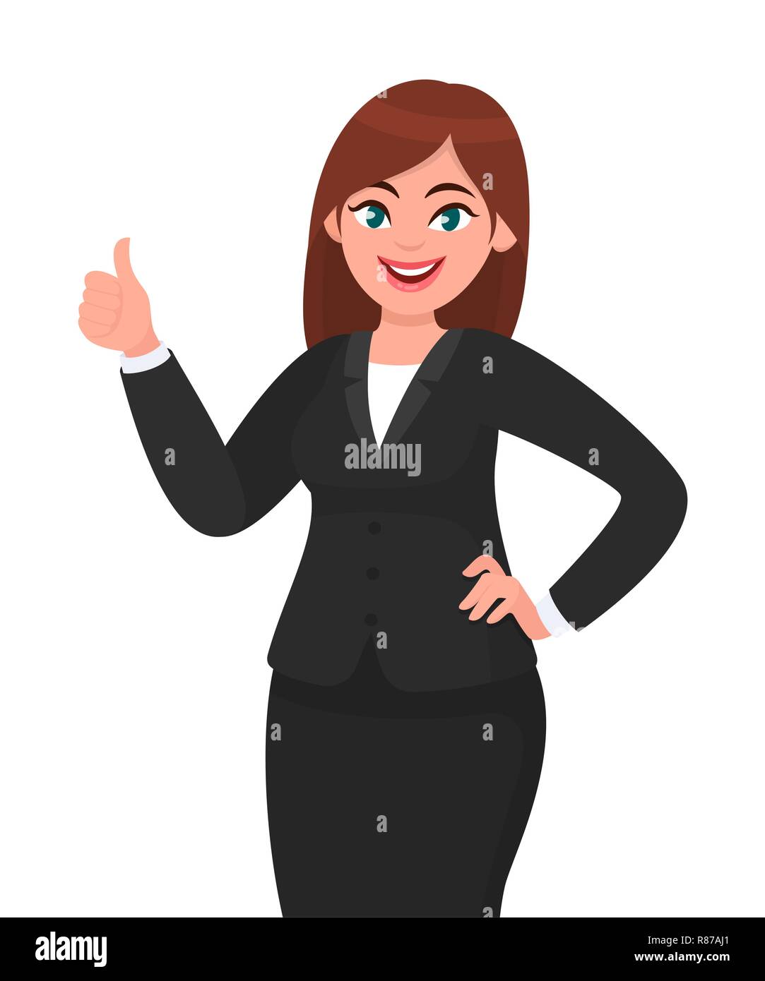 Beautiful smiling business woman showing thumbs up sign / gesture. Like, agree, approve, positive concept illustration in vector cartoon style. Stock Vector