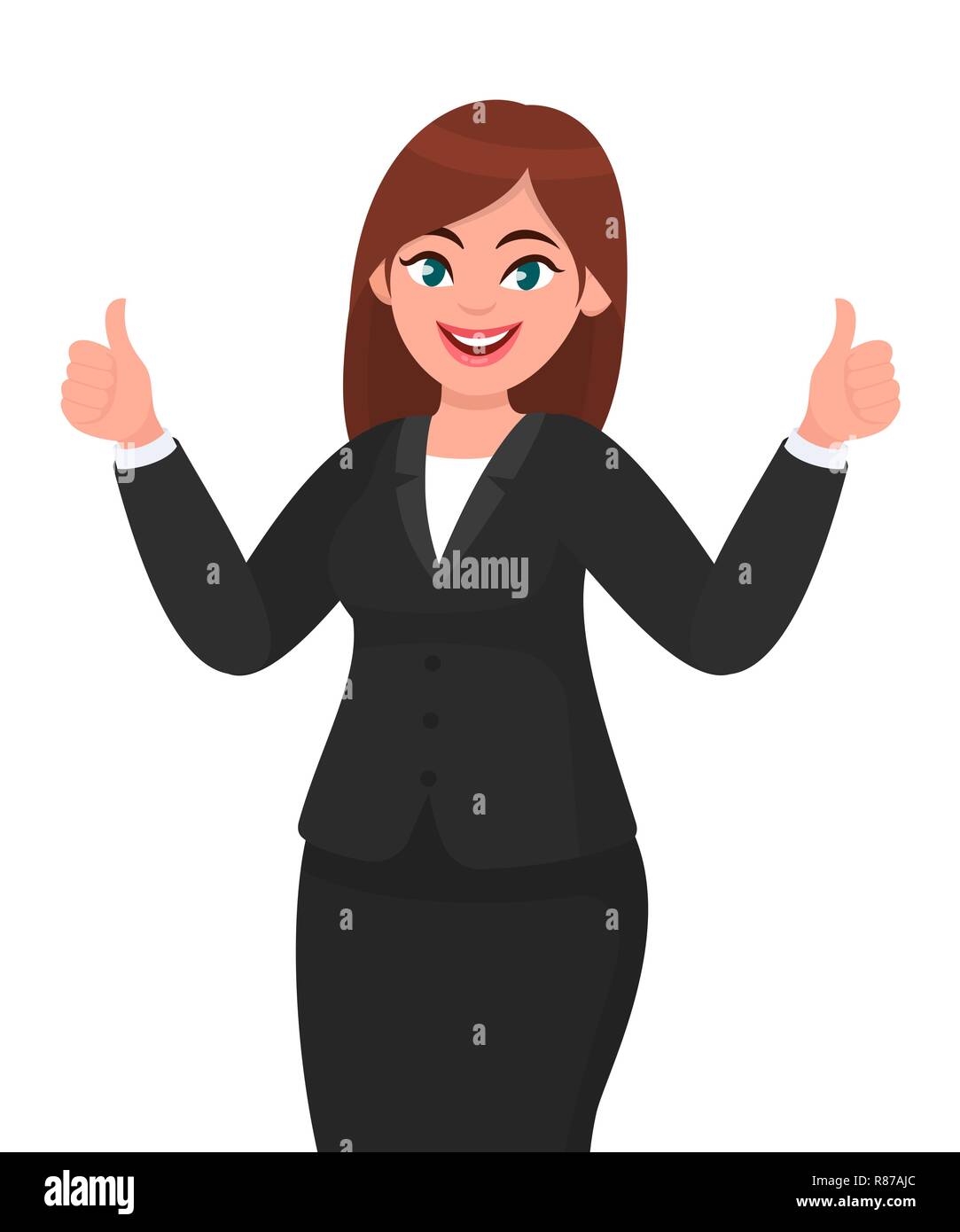 Beautiful smiling business woman showing thumbs up sign / gesturing with both hands. Like, agree, approve, positive concept illustration in vector Stock Vector