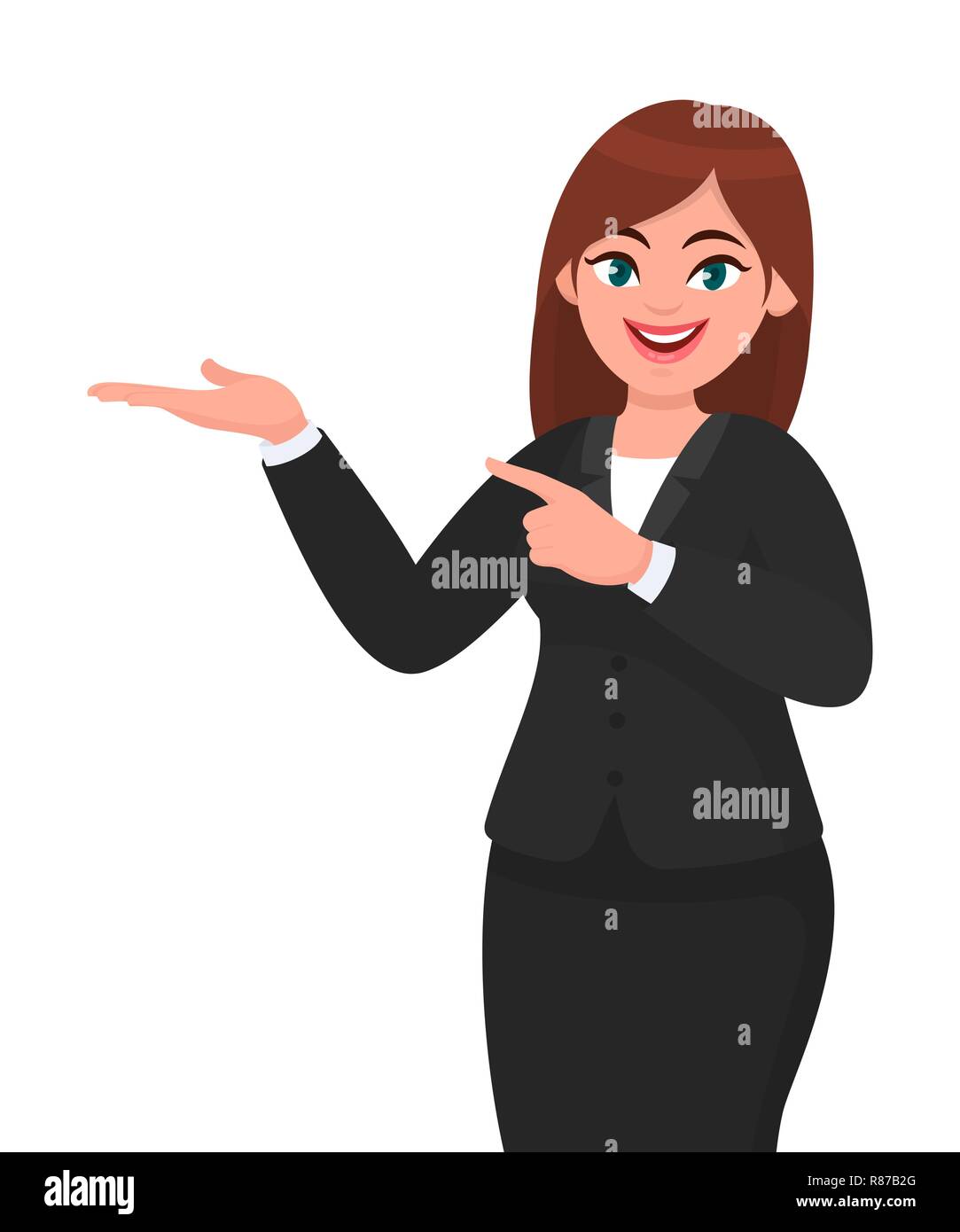 Happy business woman showing hand  to copy space away. Business woman presenting or introducing something. Advertisement or product presenting concept Stock Vector