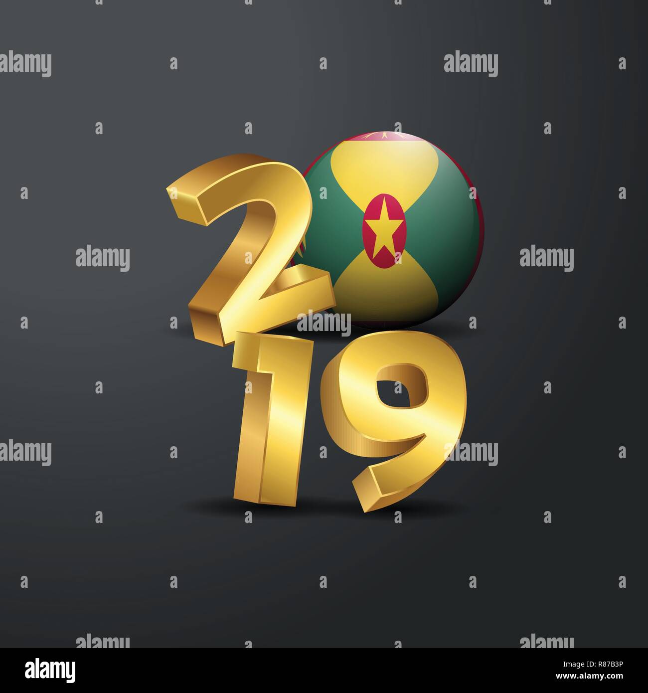 2019 Golden Typography with Grenada Flag. Happy New Year Lettering Stock Vector