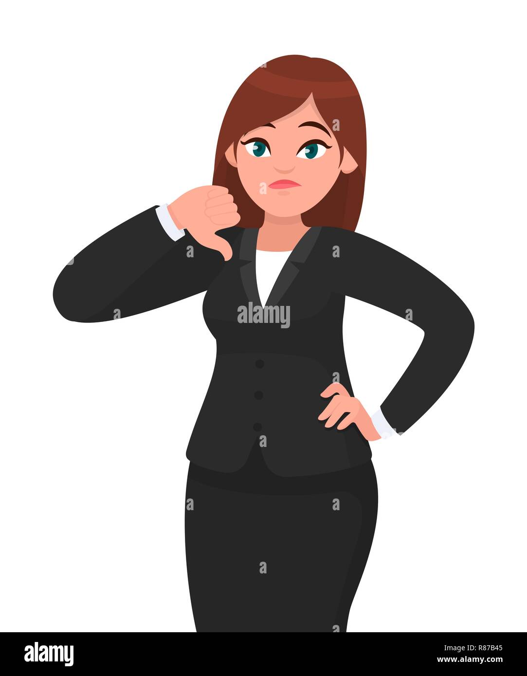 Businesswoman showing thumbs down gesture/sign. Dislike, disapprove, rejection, disagree concept illustration in vector cartoon style. Business woman Stock Vector