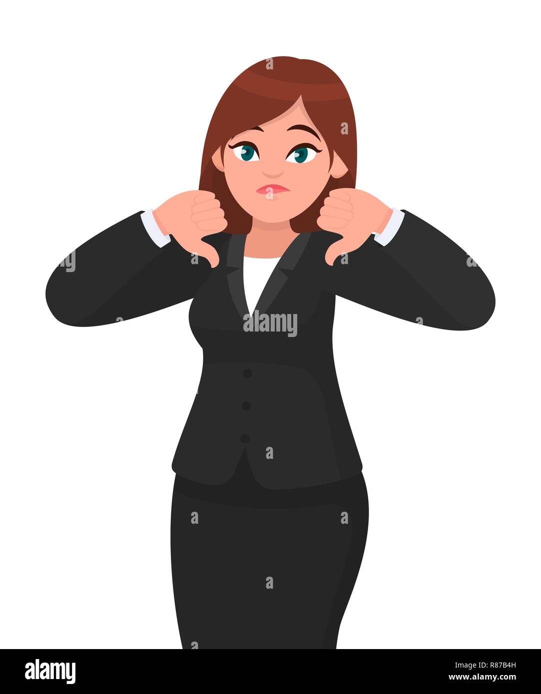 Businesswoman showing thumbs down gesture/sign. Dislike, disapprove, rejection, disagree concept illustration in vector cartoon style. Business woman Stock Vector
