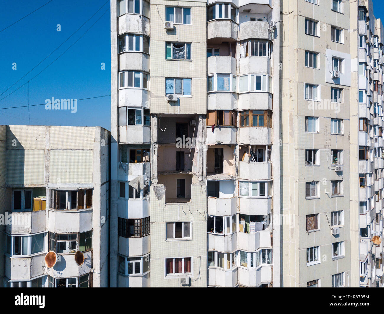 The collapse of soviet style panel high-rise building destroyed by the explosion of a gas tank in the center of Chisinau, Moldova on October 6, 2018 Stock Photo