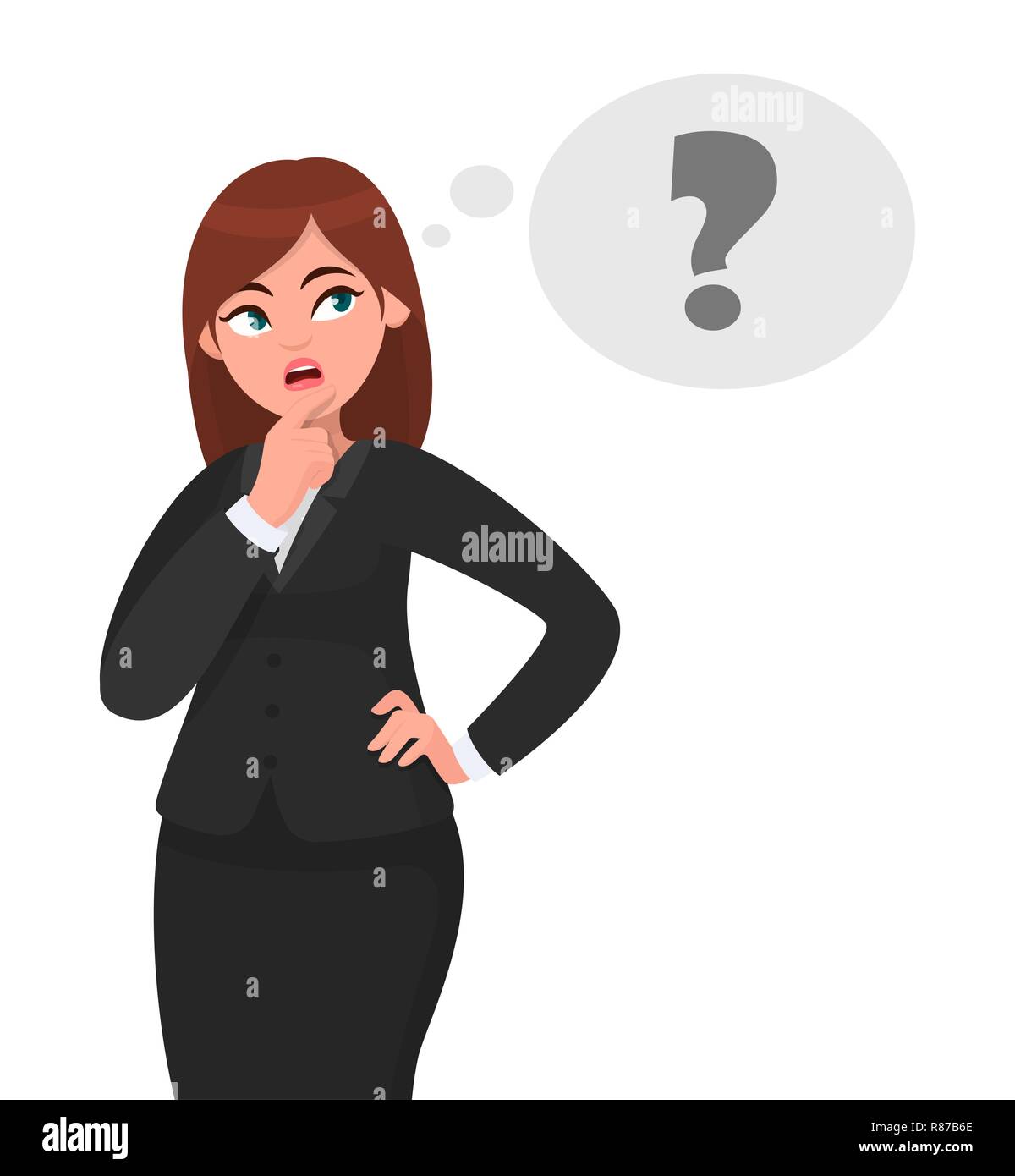Thoughtful business woman is thinking, in the thought bubble question mark appearing. She is looking sideways and touching her face with a finger. Stock Vector