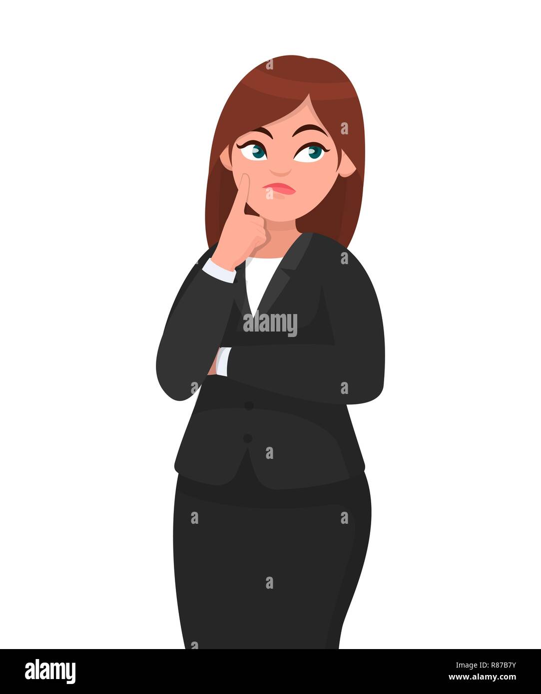Beautiful attractive businesswoman thinking while touching her finger on face with thoughtful expression while looking up. Human emotion and body Stock Vector