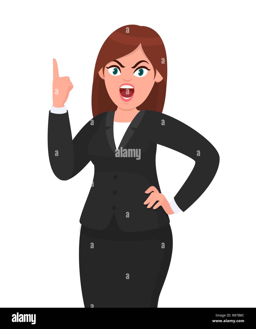 Angry businesswoman shouting or screaming with raising hand showing index finger. Human emotion and body language concept illustration in cartoon Stock Vector