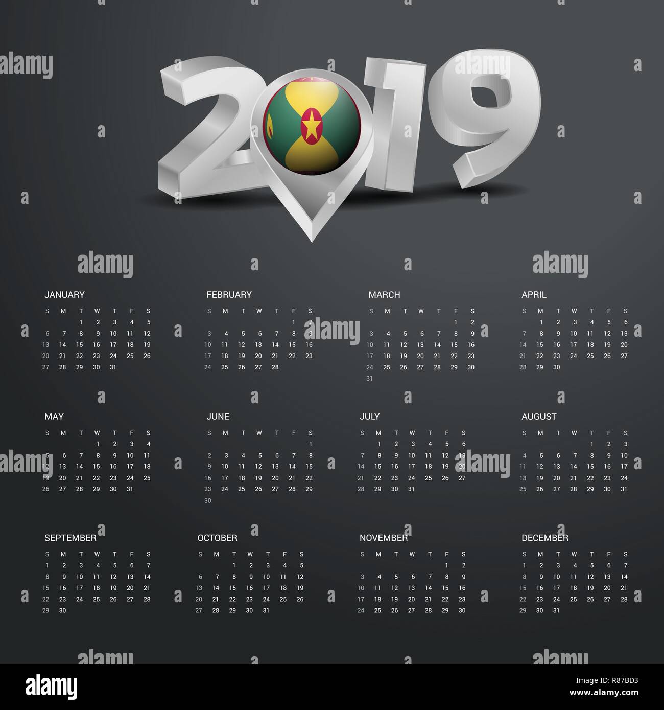 2019 Calendar Template. Grey Typography with Grenada Country Map Golden Typography Header Stock Vector