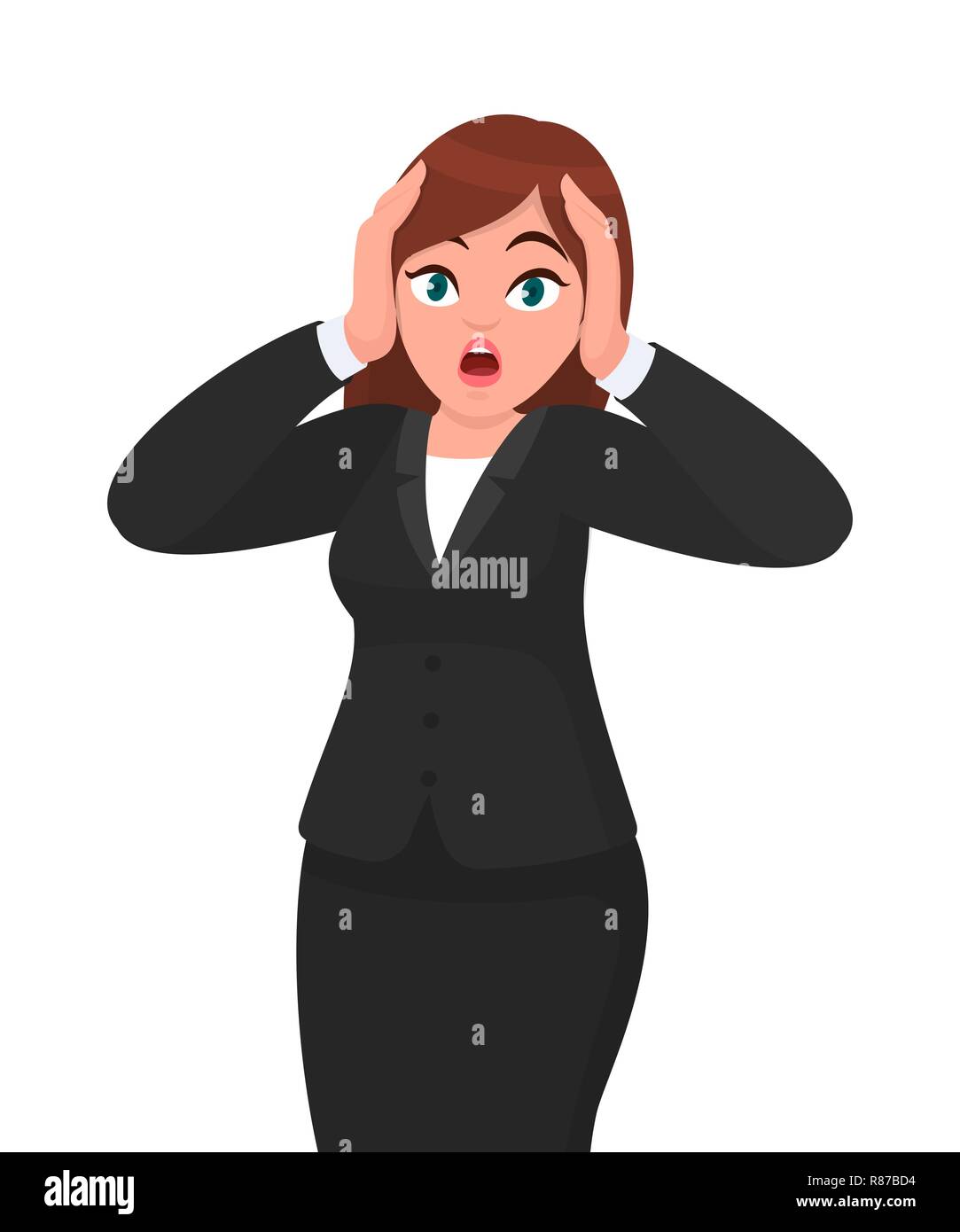 Shocked panic unhappy businesswoman holding hands on head and screaming in despair and frustration her eyes full of terror, mouth dropped open. Human  Stock Vector