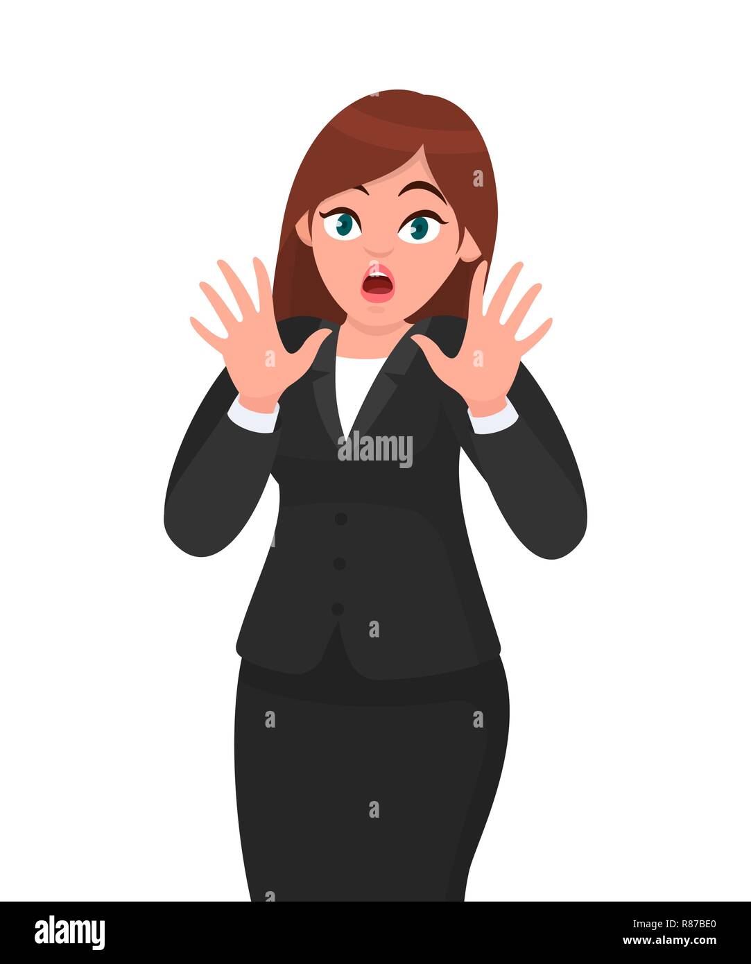 Shocked and stunned businesswoman raising palms to protect herself. Human emotion and body language concept illustration in vector cartoon style. Stock Vector