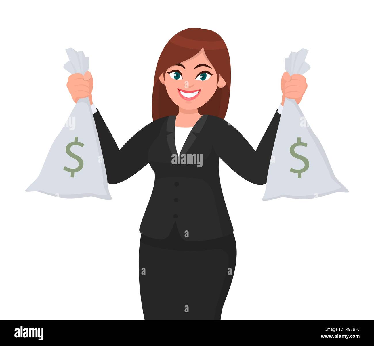 Successful happy businesswoman holding cash/money or currency bags in hands.  Business and finance concept illustration in vector cartoon style. Stock Vector