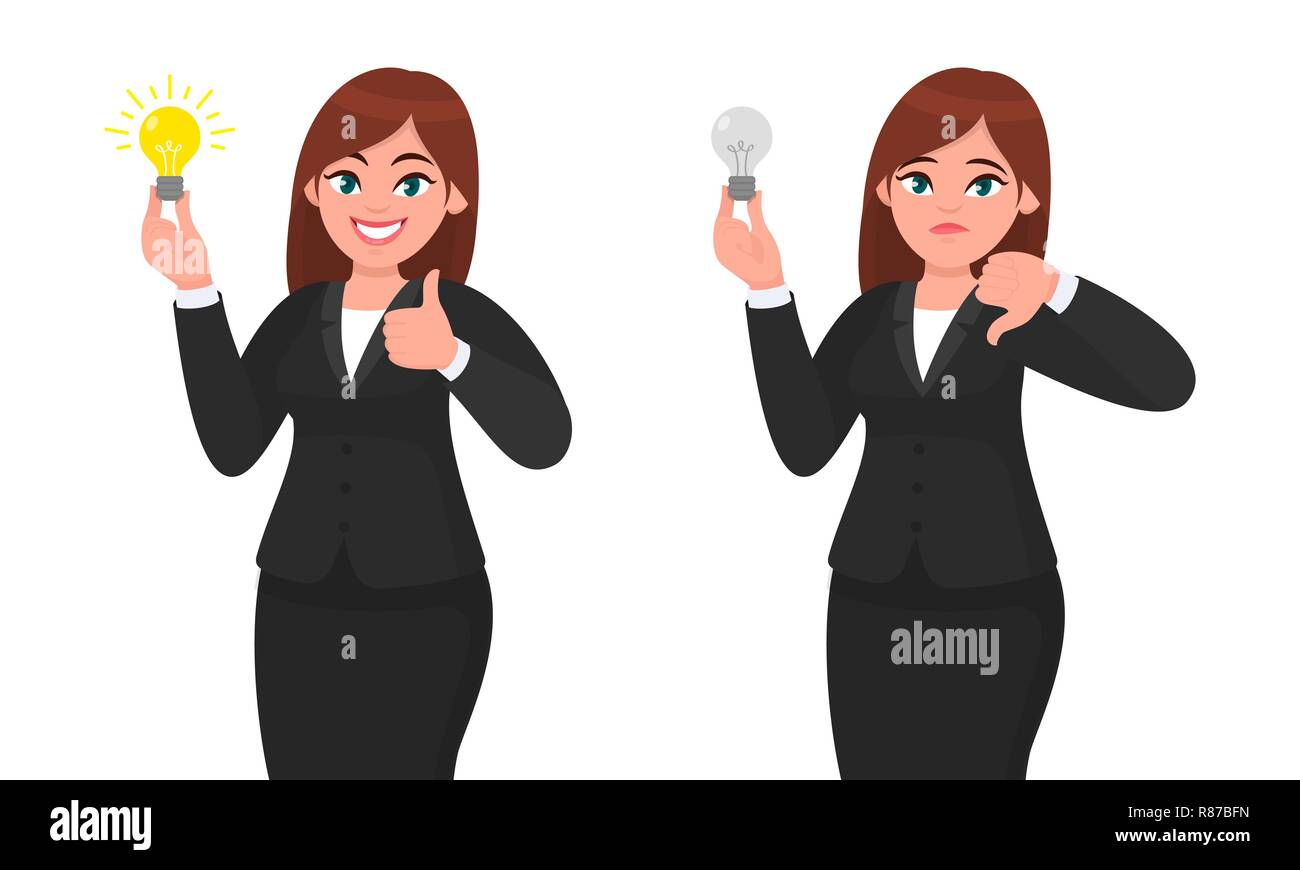 Happy businesswoman holding bright light bulb and showing thumbs up sign. Unhappy businesswoman holding bulb and gesturing thumbs down sign. Idea, inv Stock Vector