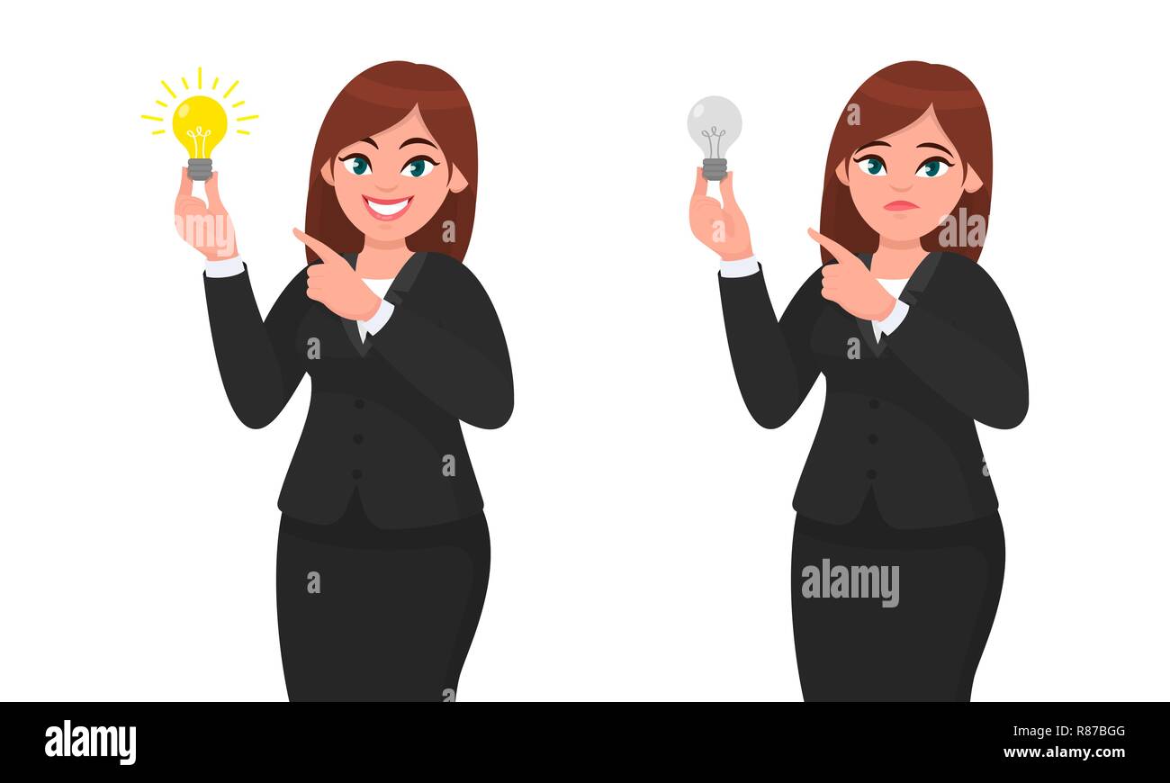 Happy businesswoman holding bright light bulb and pointing towards it. Unhappy businesswoman holding bulb and pointing index finger towards it. Idea,  Stock Vector