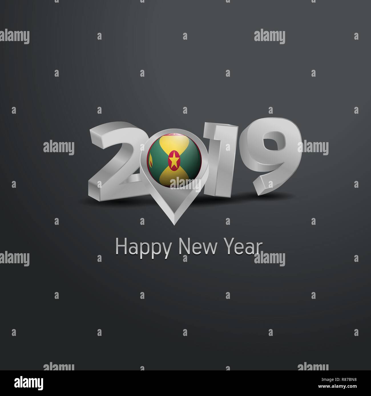 Happy New Year 2019 Grey Typography with Grenada Flag Location Pin. Country Flag  Design Stock Vector