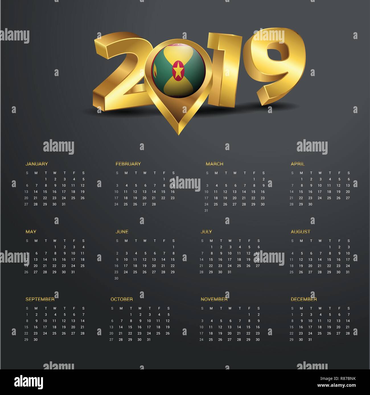 2019 Calendar Template. Grenada Country Map Golden Typography Header Stock Vector