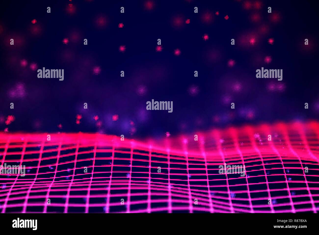 Virtual reality concept: 3D Neon digital wireframe grid with floating particles. Stock Vector