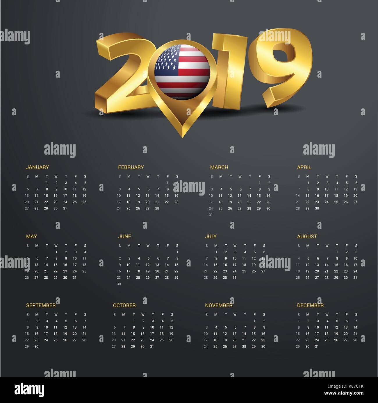 2019-calendar-template-united-states-of-america-country-map-golden