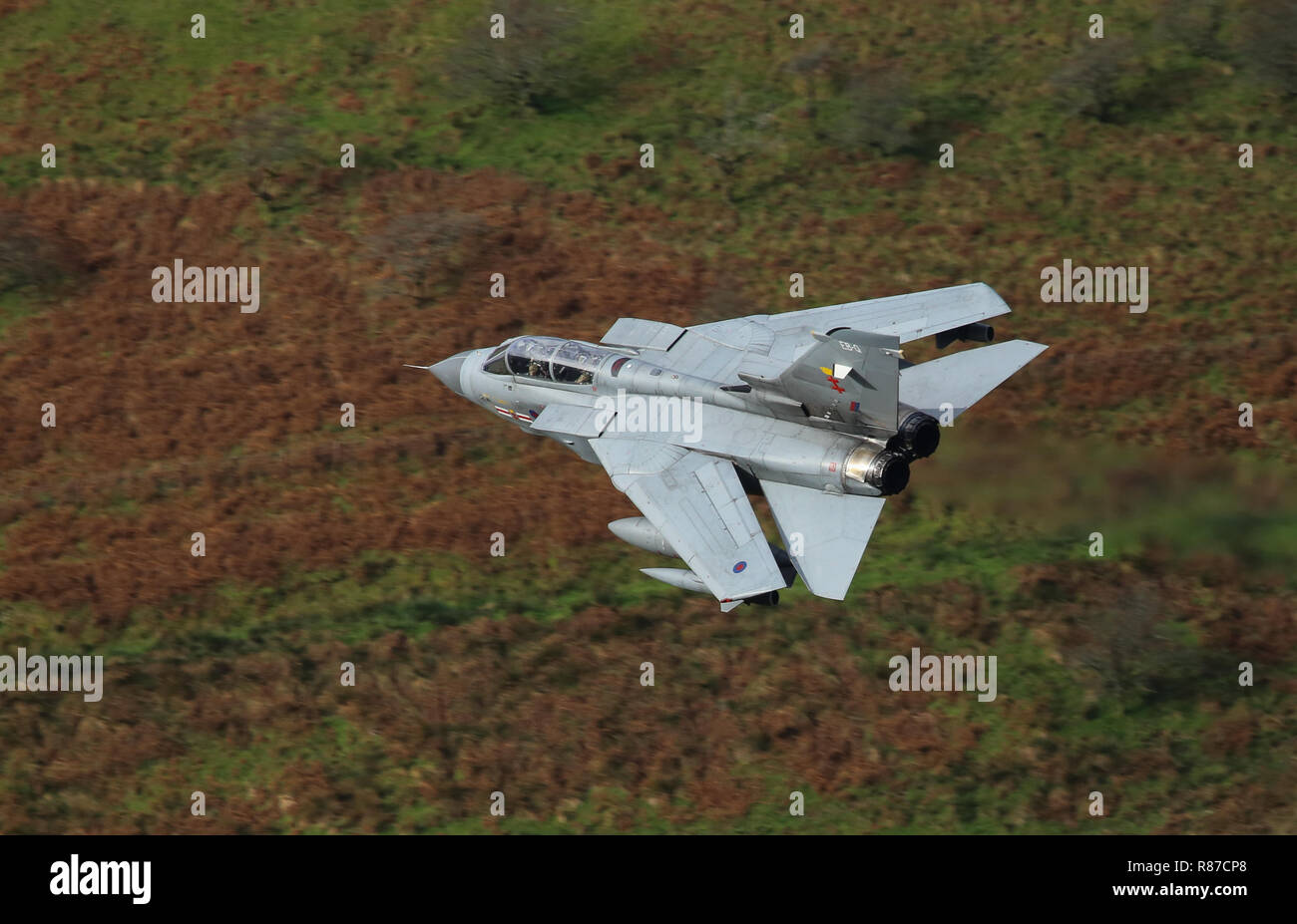 RAF Tornado GR4, serial no. ZA560, on a low level flight in the mach loop, Wales, UK.  The aircraft shows the markings of 41 Squadron. Stock Photo
