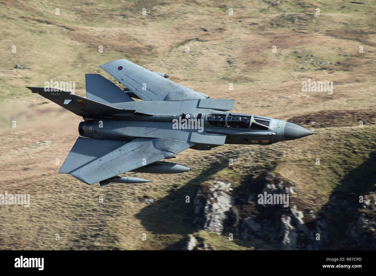 RAF Tornado GR4, of 41 Squadron, on a low level training flight in the mach loop area of Gwynedd, Wales, United Kingdom. Stock Photo