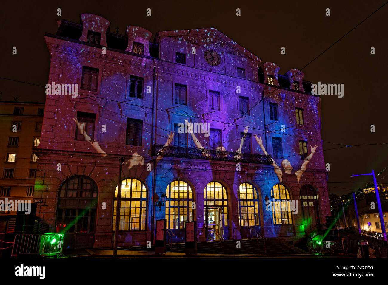 LYON, FRANCE, December 6, 2018 : St-Paul station during Festival of the lights. For 4 nights, different artists light up buildings, streets mixing spl Stock Photo