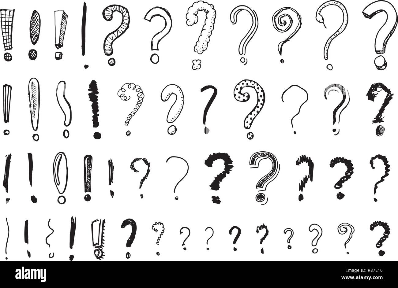 Set of question exclamation mark. Doodle style. Collection of icons and signs Why. Engraved hand drawn sketch. Abstract vector. Stock Vector