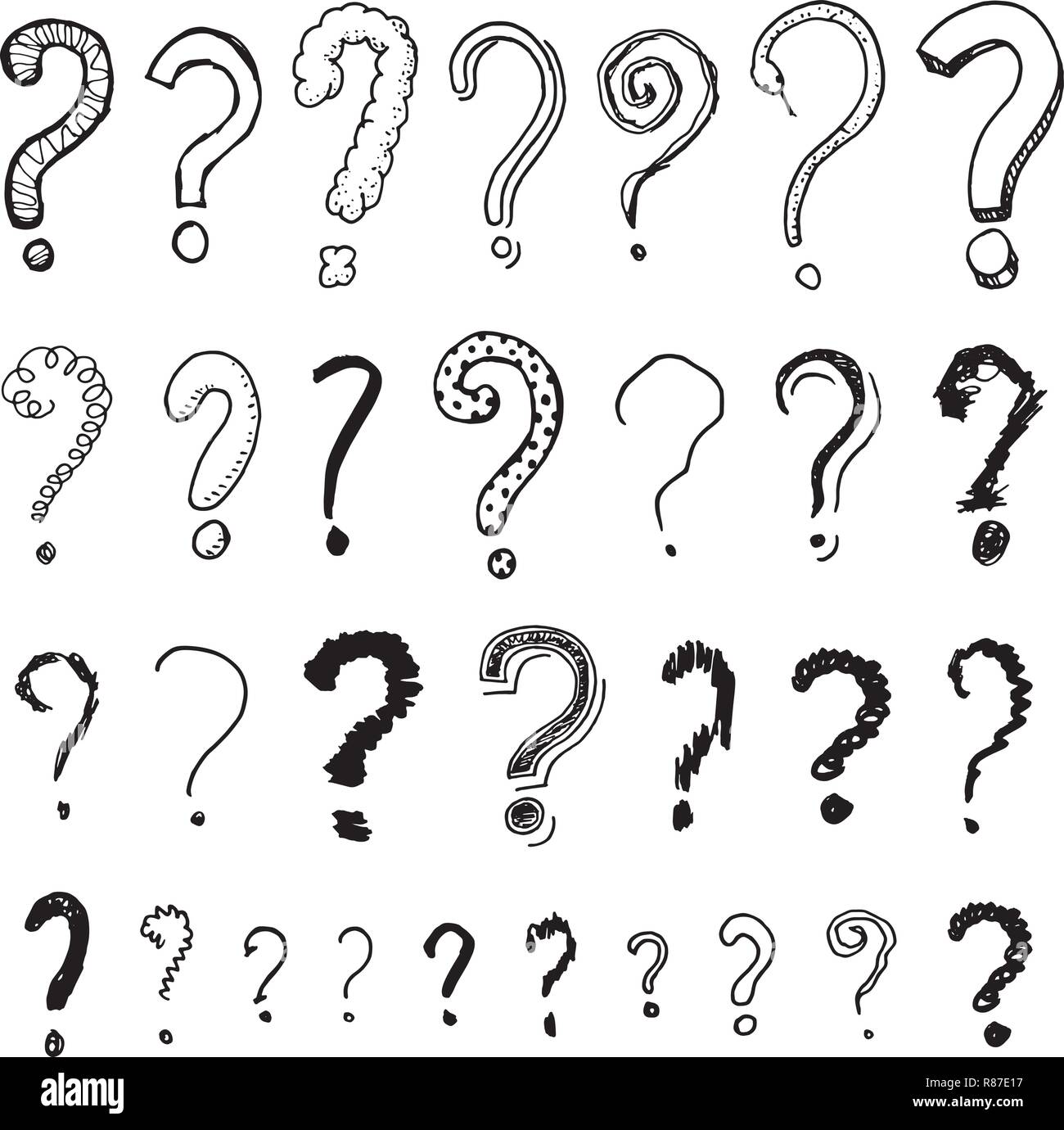 Set of question mark. Doodle style. Collection of icons and signs Why. Engraved hand drawn sketch. Abstract vector. Stock Vector