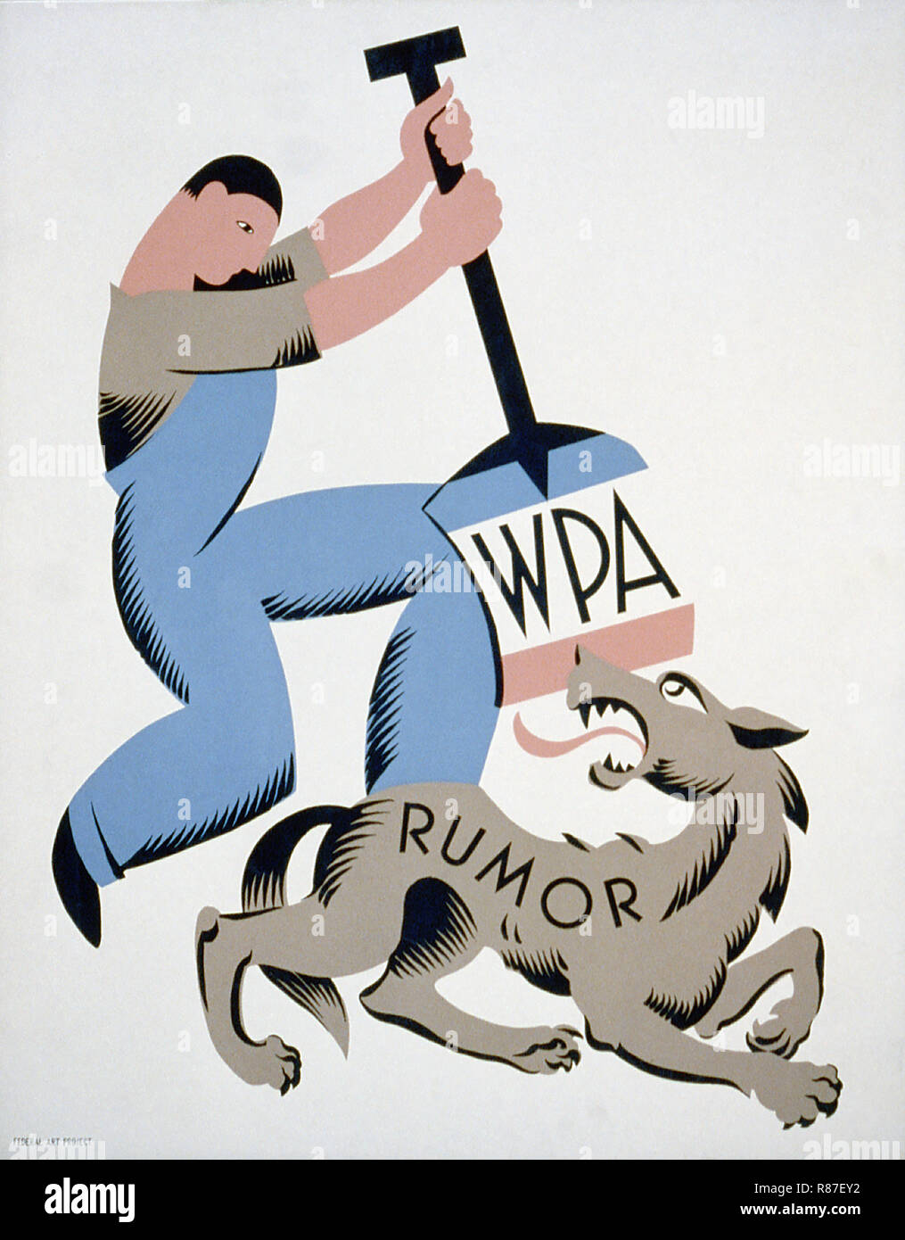Work Projects Administration Poster, 'WPA Rumor', Man with WPA Shovel Attacking Wolf Labeled Rumor, Artist Vera Bock, 1939 Stock Photo